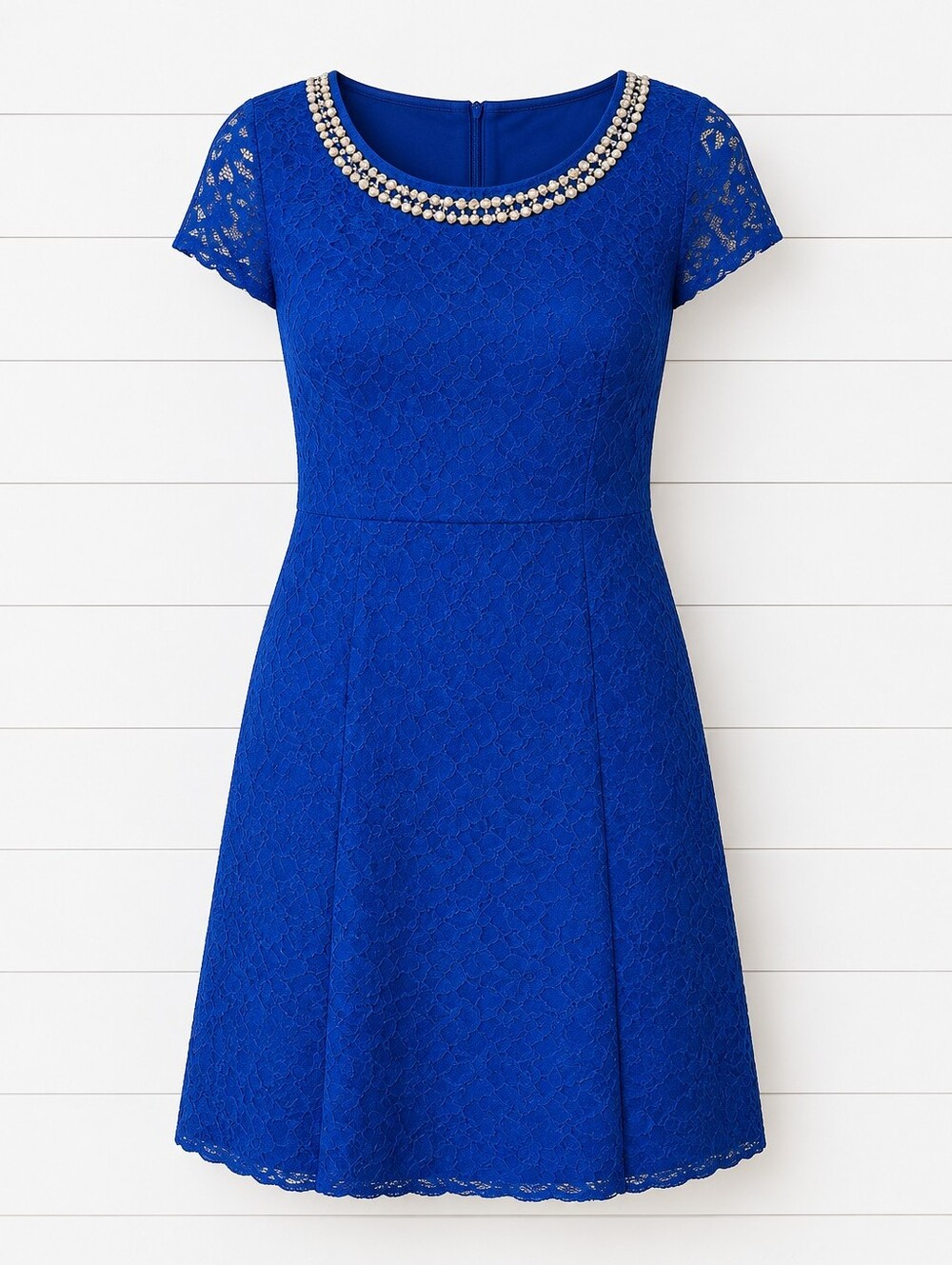LA SCALA Cap Sleeve Lace Sheath Dress  Royal Blue Gold Beaded Neckline & Dots L